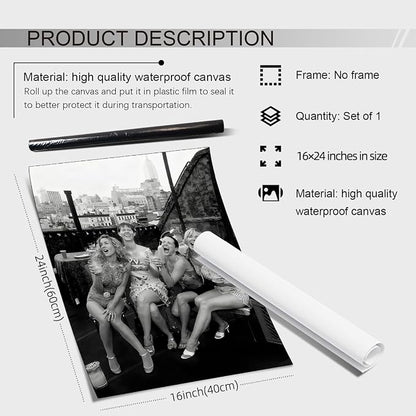 Retro Black And White Woman Canvas Wall Art Fashion Rooftop Party Posters - Image 2