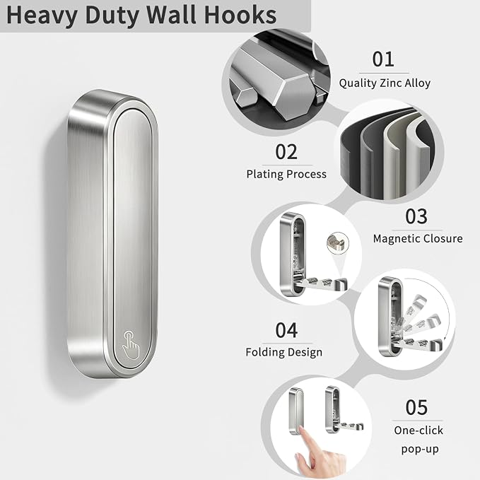 6PCS Foldable Wall Hooks, Zinc Alloy Flip Down Hooks, Retractable Wall Hooks - Image 2