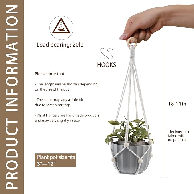 Artilady Hanging Planter for Indoor Plants Macrame Plant Hanger Large Hanging Plant Holder with Adjustable Beads Plants Basket White Rope Boho Plant Wall Decor