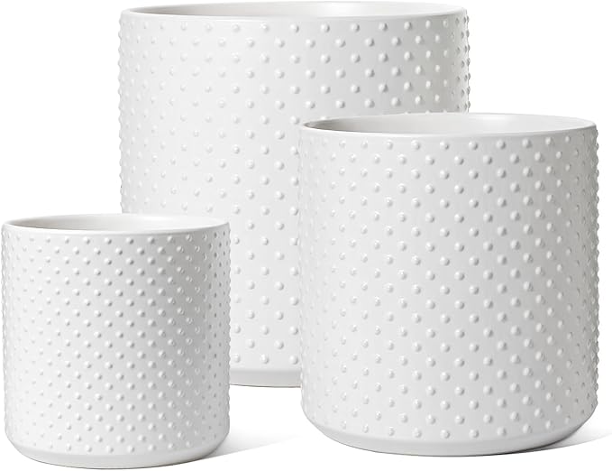 LE TAUCI 6+8+10 Inch Plant Pots Indoor, Ceramic Planter Pots for Plants, Raised Dots Flower Pots Indoor for Home and Office, Mid-Modern Century Pots Indoor with Drainage Hole and Silicone Plug, White