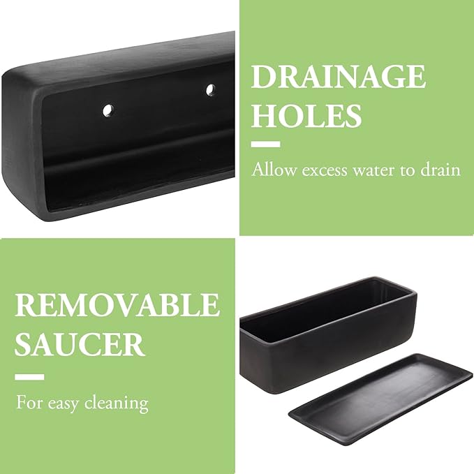 MyGift Matte Black Ceramic Indoor Plant Pot Succulent Planter, Decorative Flower Planter with Drainage Hole and Removable Tray (14 inch - 2 Pack)