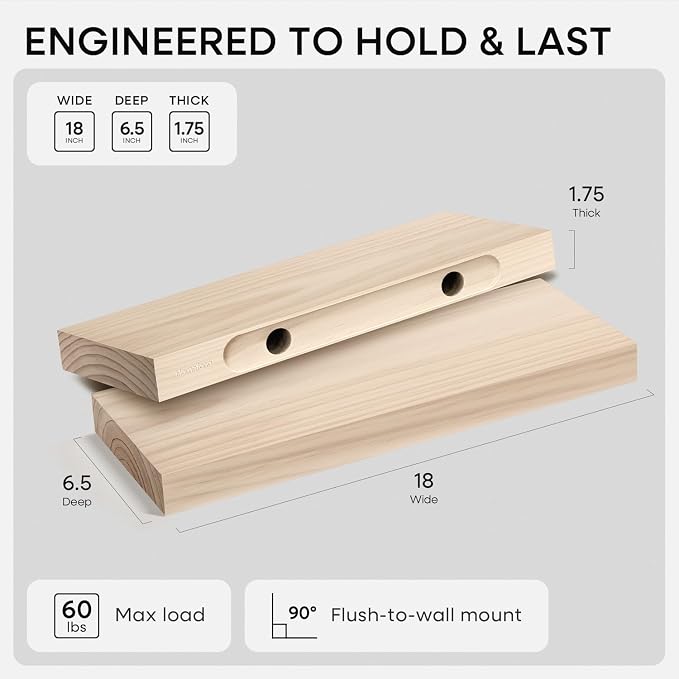 Homeforia 18 inch Wood Floating Shelves, High End Solid Natural Wood 18inch - Image 2