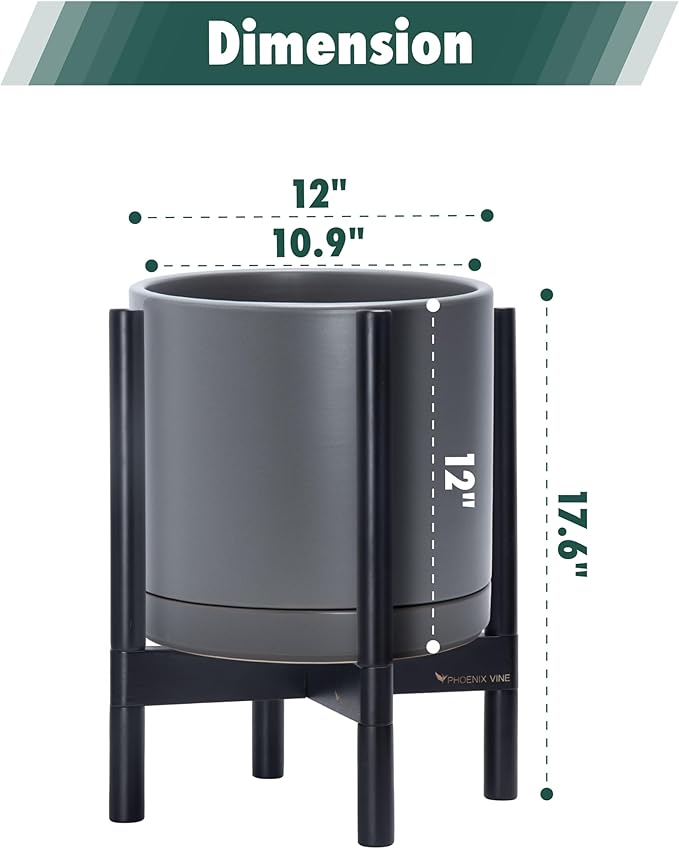 D'vine Dev Ceramic Planter with Ebony Stand - 12 Inch Modern Round Flower Pot with Wood Planter Holder, Grey, 55-B-H-3