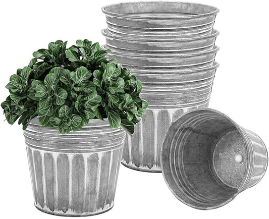 vensovo 5 Inches Silver Metal Rustic Flower Pots - 6 Pcs Small Galvanized Planters with Drainage Hole and Rubber Plug, Rustproof Tin Bucket Plant Pot Farmhouse Vintage Style for Decor