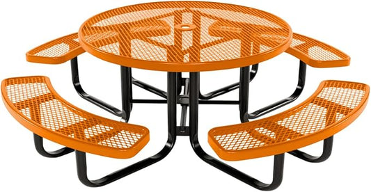 Heavy-Duty Portable Outdoor Kids Table with Umbrella Hole, Expanded Metal Kids Picnic Table, Commercial-Grade, Made in America (46 in, Round, Childrens, Textured Orange)