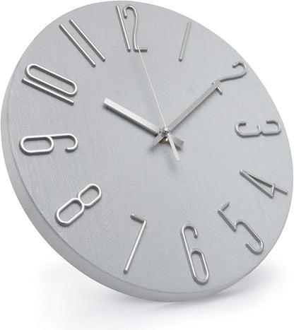 Wall Clock 12 Inch Silent Non-Ticking Imitation Wood Indoor Clock Round Gray - Image 2