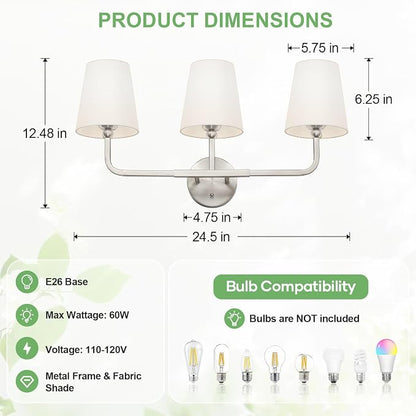 MOKATNG Bathroom Light Fixtures, 3-Light Brushed Nickel Vanity Lights, Bathroom - Image 3