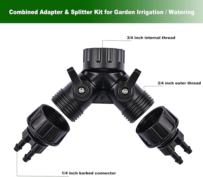 1/4 Inch Drip Irrigation Tubing to Faucet Adapter Connector, 2 Way Y Splitter for 3/4" Inch Garden Hose to 1/4 Inch Drip Irrigation Hose