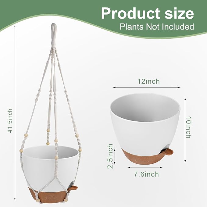 41.5 Inch Macrame Plant Hanger Indoor Outdoor with 12 Inch Flower Pot, Hanging Planter for Plants Holder with Wood Beads for Boho Home Decor (Ivory+White)