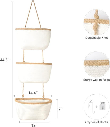 TeoKJ Over the Door Hanging Basket, 3-Tier Woven Cotton Wall-Mounted Storage - Image 2