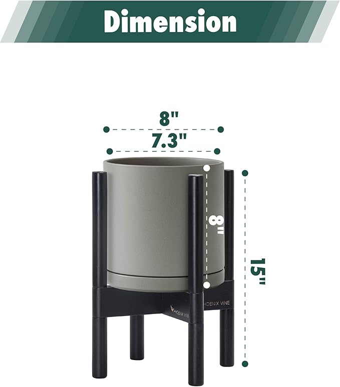 D'vine Dev Ceramic Planter with Ebony Stand - 8 Inch Modern Round Flower Pot with Wood Planter Holder, Grey, 55-B-M-3