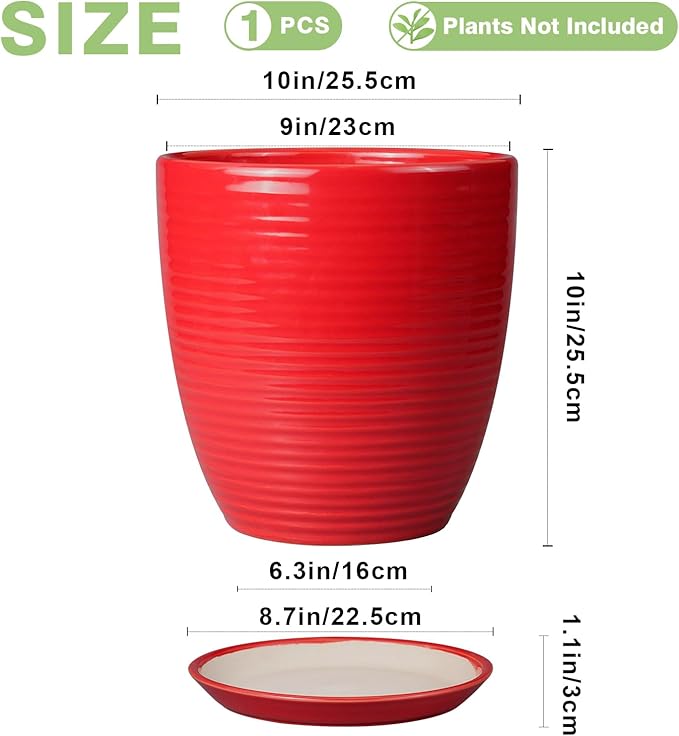 Ceramic Planter 10 Inch - Ceramic Pot for Plants Large Plant Pot Indoor with Drainage Hole and Saucer Round Outdoor Planter Modern Flower Pot for Garden House Red