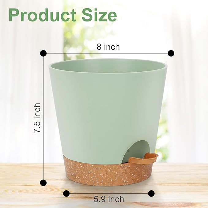 8-Inch Plant Pots, Self-Watering Planters with Drainage Holes & Saucers for Indoor and Outdoor Plants (2-Pack, Green)