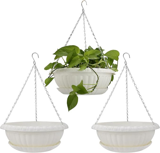 summer flower 3pcs 10.6 inch Plastic Hanging Planters Pots for Outdoor Indoor Plants Hanging Flower Plant Baskets Holder for Garden Porch Ceiling (White)