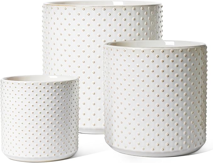 LE TAUCI 6+8+10 Inch Plant Pots Indoor, Ceramic Planter Pots for Plants, Raised Dots Flower Pots Indoor for Home and Office, Mid-Modern Century Pots with Drainage Hole and Plug, Glaze Arctic White