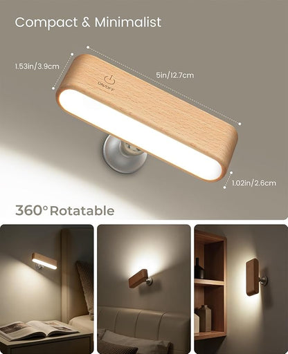 Wood LED Wall Sconce, Magnetic 360° Rotatable Wall Mounted Night Light & - Image 4