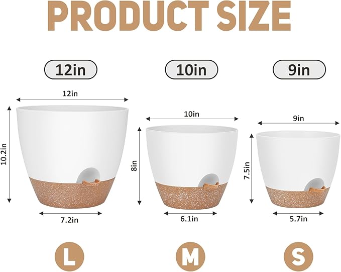 12" 10" 9" Large Self Watering Plant Pots, 3 Pack Flower Pots Planters with Multi Mesh Drainage Holes for Indoor Outdoor Garden Plants and Flowers.