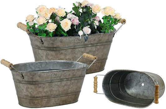 vensovo Galvanized Oval Planter Tubs for Outdoor Plants - Farmhouse Small Metal Tin Buckets with Drain Hole & Rubber Plug Medium Plant Containers with Handles Vintage Style for Decor, Set of 3