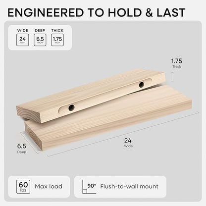 Homeforia 24 inch Wood Floating Shelves, High End Solid Natural Wood 24inch - Image 2