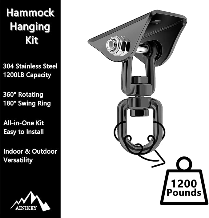 Heavy Duty Hammock Hanging Kit, 360° Rotating 1200 lb Swing Hangers for Hammock Chair Stand, Yoga, Porch Swing, Tree, Seat, Ceiling Mount, Outdoor Indoor Hanging Hardware Black | Pack of 5