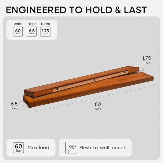 Homeforia Floating 60 inch Oak Shelves, High End Solid Real Wood 60inch - Image 2