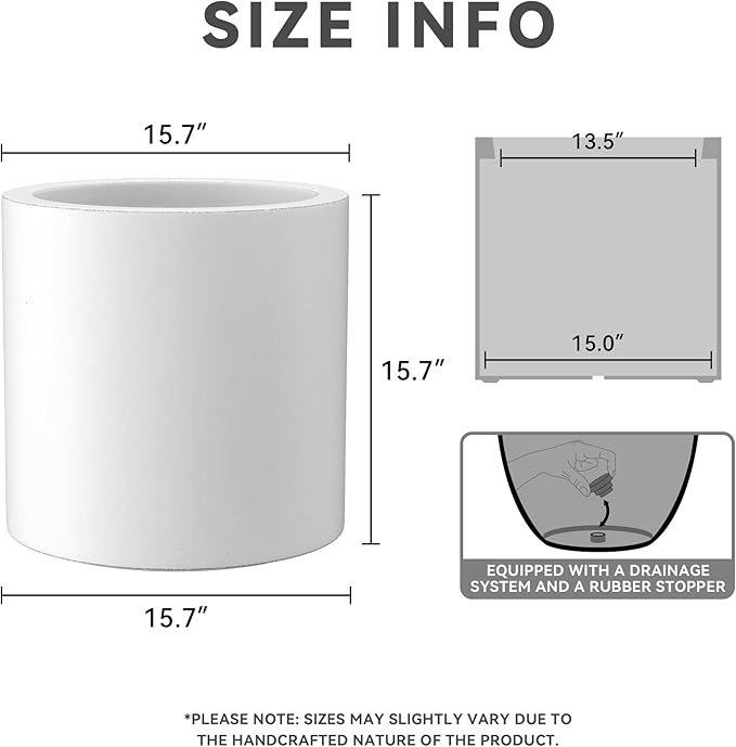 Kante 15.7" Dia Round Concrete Planter, Modern Style Large Cylindrical Plant Pot with Drainage Hole and Rubber Plug for Indoor Outdoor Patio, White
