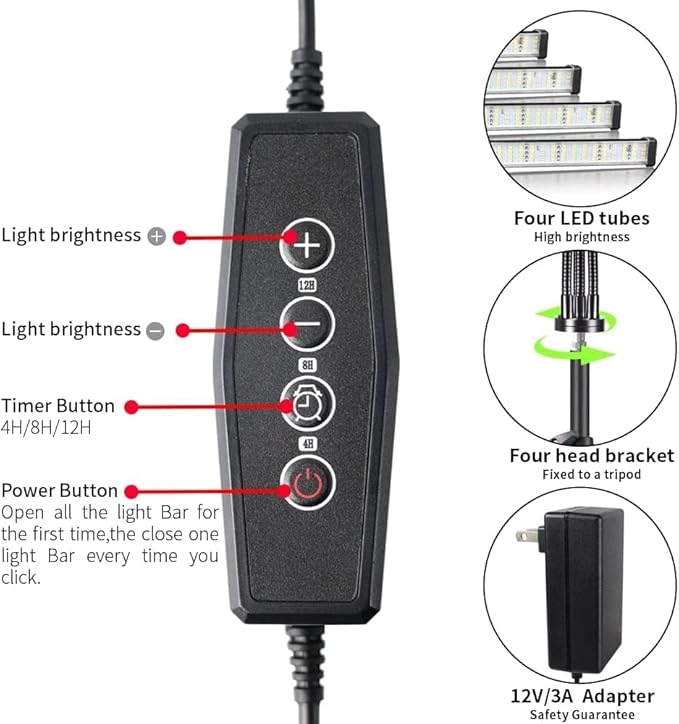Grow Light with Stand, 200W 6000K Full Spectrum Gooseneck Floor Plant Light for Indoor Plants Growing,5 Dimmable Levels & Auto On/Off Timer, Tripod Stand Adjustable 15-48 in