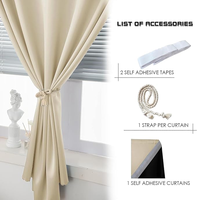 AJAZZ 100% Black Out Curtains Adhesive Blackout Temporary Curtain Rod No - Image 5