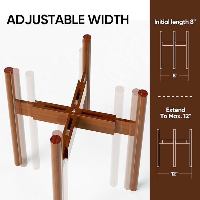 MUDEELA Adjustable Plant Stand Indoor, Bamboo Plant Stand 8 to 12 Inches, Bamboo Dark Brown Planter Stand for Indoor Plants,Single Floor Plant Stand for Indoor Plants, Pot Plant Not Included