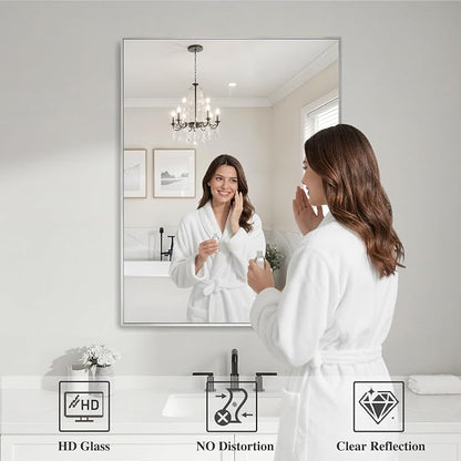 Koonmi Silver Rectangle Wall Mirror, 30x36 Inch Bathroom Mirror, Aluminum Frame - Image 3