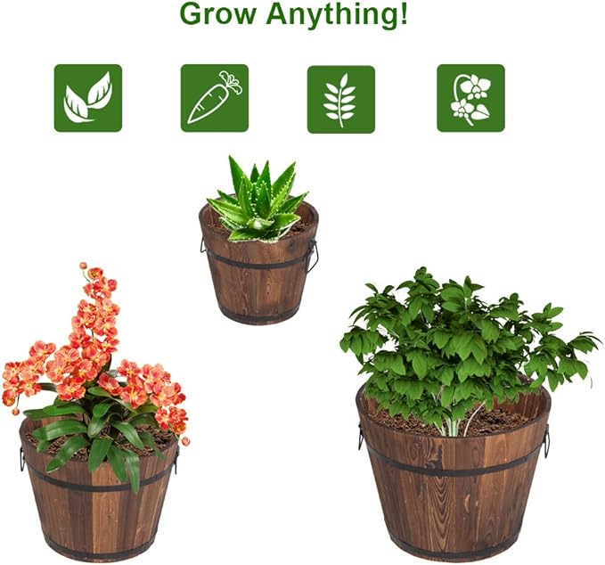 3 Pcs Wooden Planter Barrel Set, Outdoor Flower Pots with Handle & Drainage Holes, Rustic Whiskey Barrel Planter for Plants, Herbs, Veggies, Indoor Outdoor Use