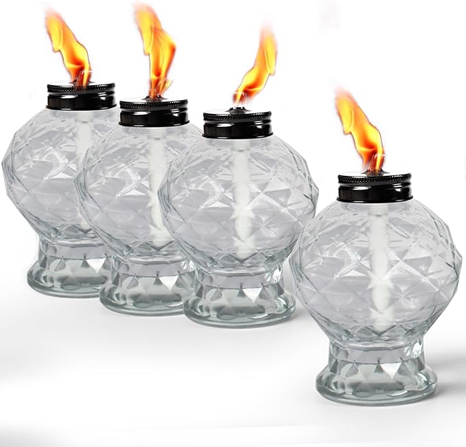 tewei 4 Pack Clear Table Top Light Torches Outdoor, Mini Glass Torches Lanterns for Outside, Easy to Refill Citronella Torches for Garden Patio Yard Party