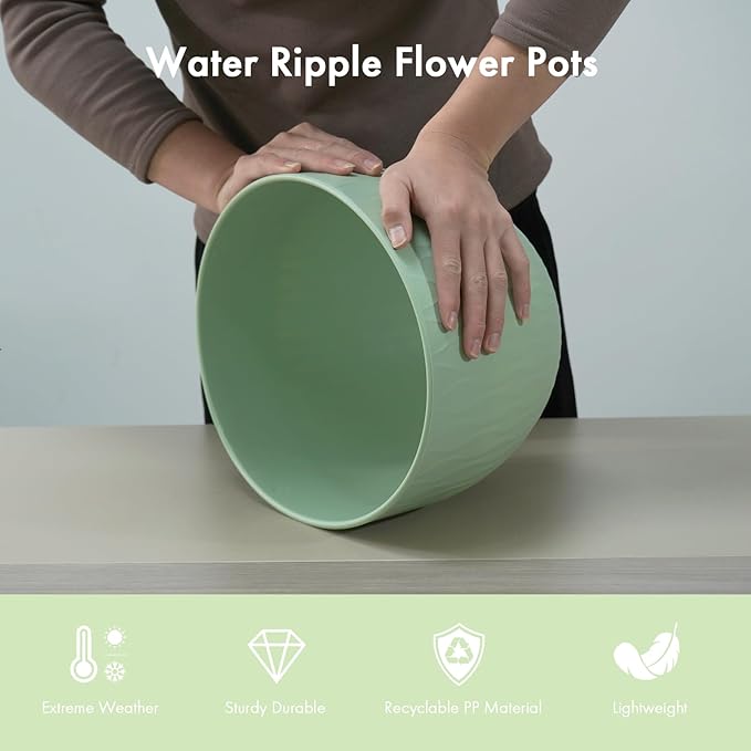 12 Inch Large Plant Pots for Indoor or Outdoor Plants, Wide Water Ripples Flower Pots with Drainage Holes & Saucer, Plastic Planters Set for Garden & Home Decor (Green)