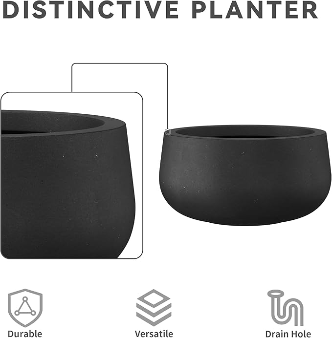 Kante 19.6" Dia Round Concrete Planter, Cement Plant Pots with Drainage Hole and Rubber Plug for Outdoor Indoor Garden Home, Modern Curvaceous Design, Black