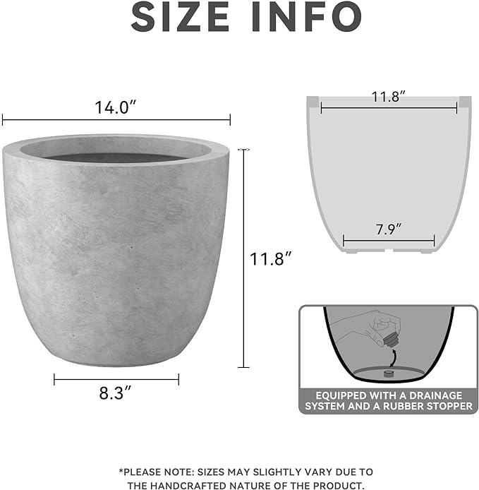 Kante 14 Inch Dia Round Concrete Planter, Indoor Outdoor Large Plant Pot with Drainage Hole and Rubber Plug for Home Patio Garden, Gray Concrete