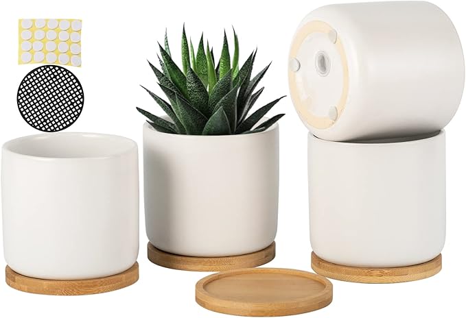 OMAYKEY 4 Inch Ceramic Plant Pot with Saucer, White Planters Pots with Drainage Hole and Mesh Pads for Succulent, Snake, Cactus, Herbs - 4 Packs(Plant Not Included)