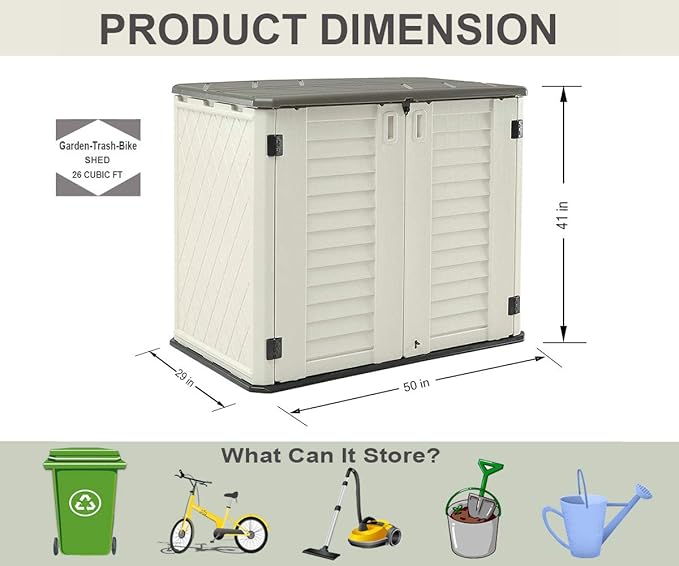 HOMSPARK Storage Shed Weather Resistance, Multi-Purpose Outdoor Storage Cabinet for Backyards and Patios, 26 Cu.ft Capacity Horizontal Storage Shed for Bike, Lawnmower, Trash Cans, Patio Accessories