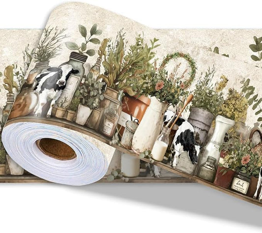 Farmhouse Wallpaper Border Wall Border Trim Peel and Stick 19.7 x 4 Inch Cattle by PRESSINART