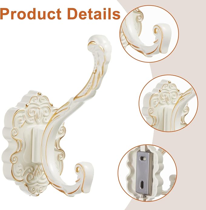 Zonon 2 Pcs White Wall Hooks Set Vintage Coat & Towel Hooks - Image 3