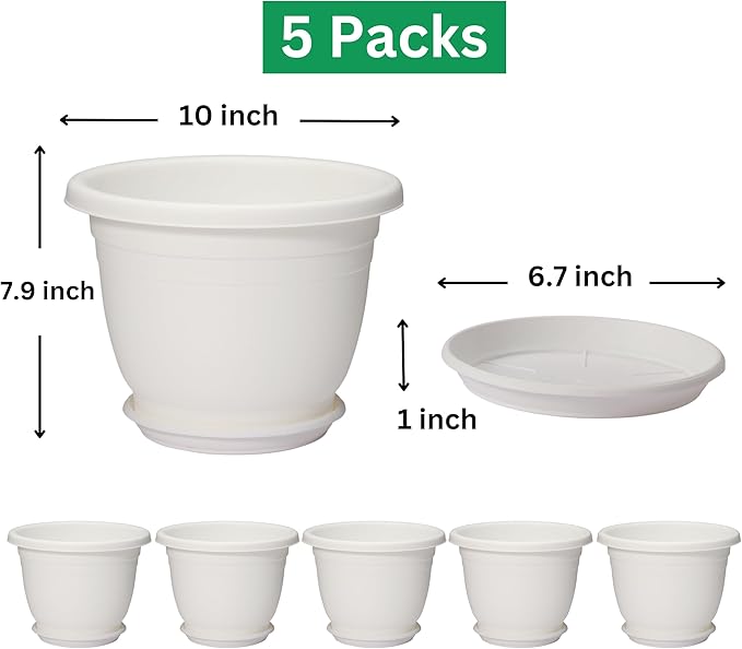 5 Packs 10 inch Plant Pots + Saucer, Planters for Indoor & Outdoor Plants with Drainage Holes | Plastic Flower Pots, Large Planter (White, 10 inch)