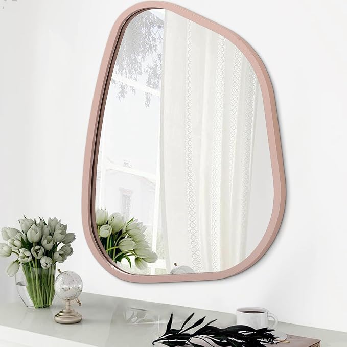 Irregular Wall Mirror 26"x18", Asymmetrical Large Bathroom Mirror Wood Framed by HLFMVWE