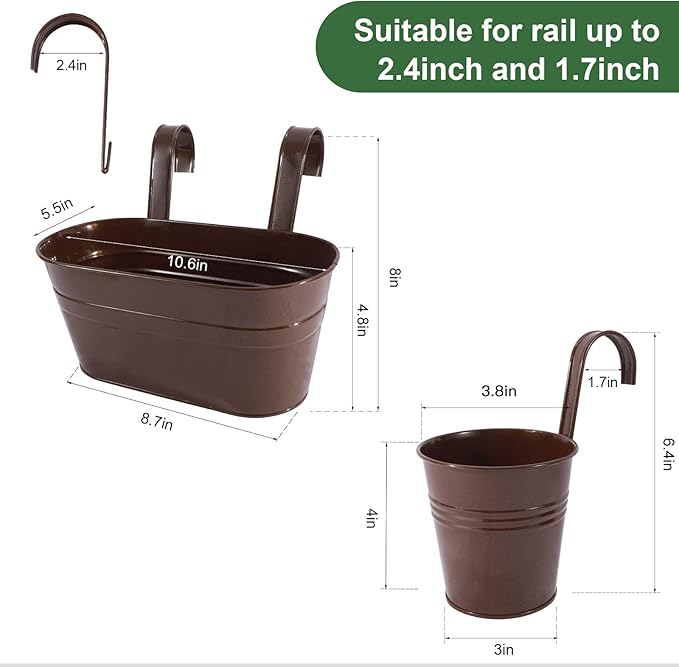 Metal Iron Flower Pots for Railing Fence Hanging Bucket Pots(5 Pcs) and Hanging Flower Pots Metal Iron Bucket Planter(10 Pcs) (Bronze)