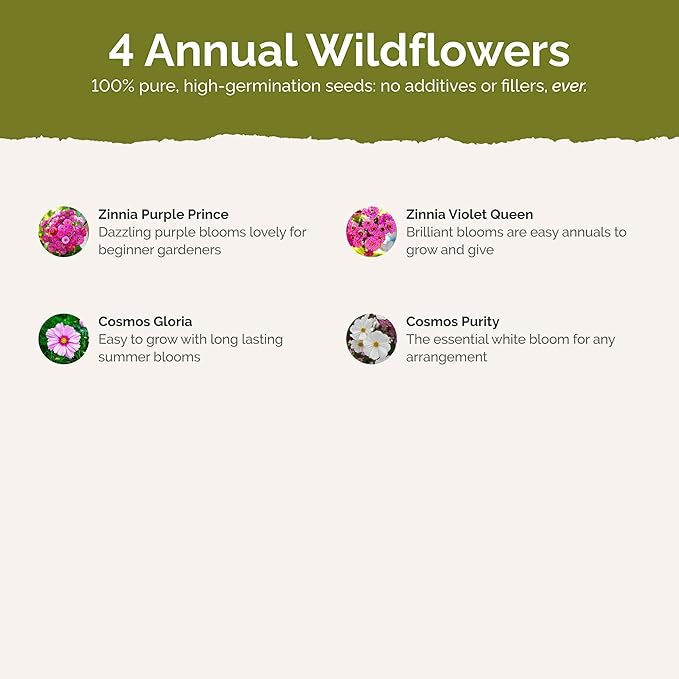 Eden Brothers Purple Rain Flower Mixed Seeds for Planting, 1 lb, 480,000+ Seeds with Zinnia Purple Prince & Violet Queen, Cosmos | Attracts Pollinators, Plant in Spring, Zones 3, 4, 5, 6, 7, 8, 9, 10