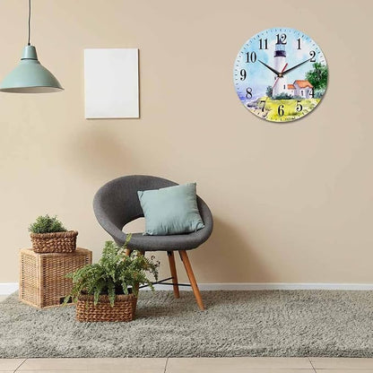 Mxocom Watercolor Lighthouse Wall Clock Building Green Hill Blue Skies House - Image 6