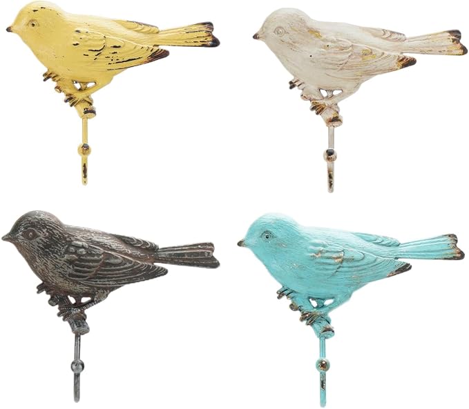 SOFFEE DESIGN Set of 4 Vintage Metal Birds Wall Coat Hooks, Heavy Duty Hangger by SOFFEEDESIGN