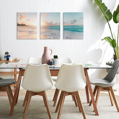 Goldfoilart 3 Pieces Beach Wall Art Sunset Bathroom Canvas Pictures Ocean Wall - Image 4