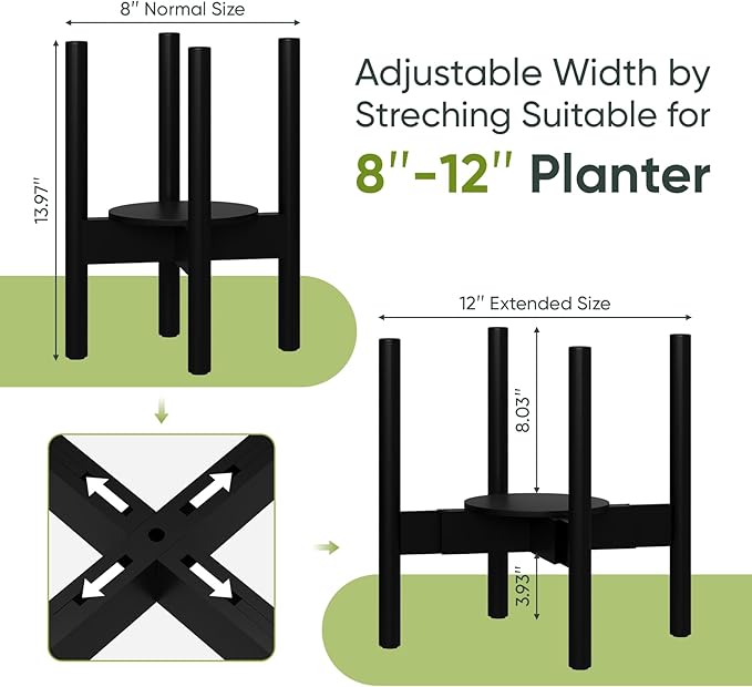 Adjustable Plant Stand, Bamboo Plant Stand Indoor with Tray, Wood Plant Stand for 8 to 12 inches Flower Pots, Single Mid Century Modern Plant Stand for Indoor Plants, Black