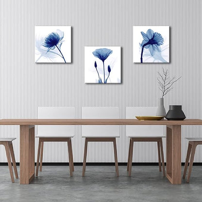Wieco Art Blue Abstract Flowers 3 Panels Canvas Prints Wall Art Modern Pictures - Image 3