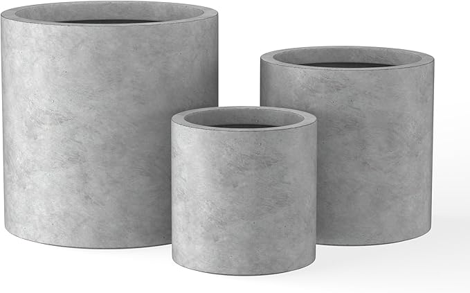 Kante 9.8",12.6",15.7" Dia Round Concrete Planter Set of 3, Modern Style Large Cylindrical Plant Pot with Drainage Hole and Rubber Plug for Indoor Outdoor Patio, Natural Concrete
