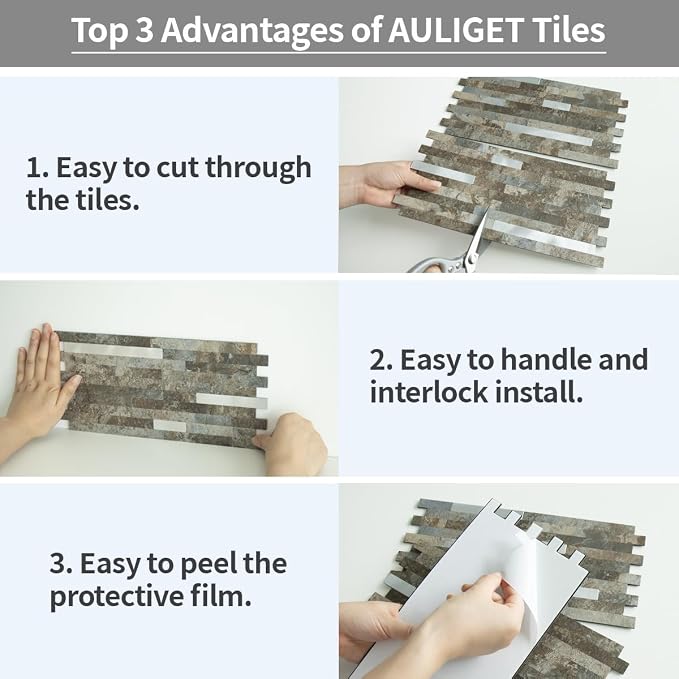AULIGET 2 Sheets Beige & Brown Slate Peel and Stick Backsplash, PVC Mixed Metal - Image 7